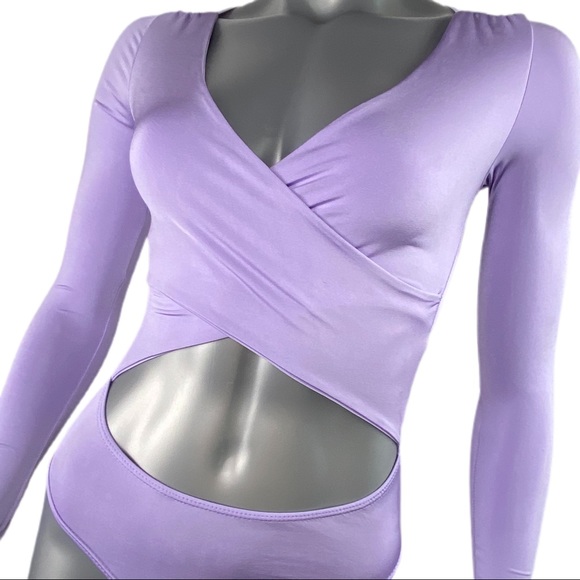 Fashion Nova | Lilac Purple Cut Out Body Suit Long Sleeve Thong back - Picture 8 of 16